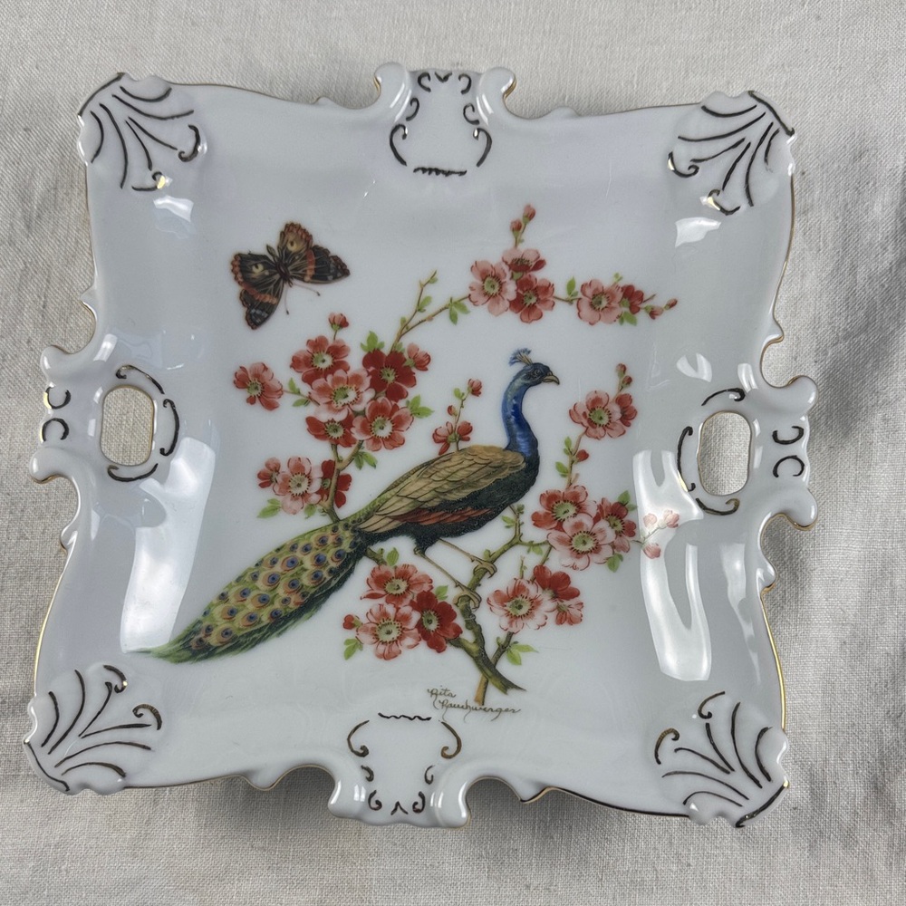 Rita Rauchwerger Hand Painted Elegant Floral Peacock Decorative Plate
